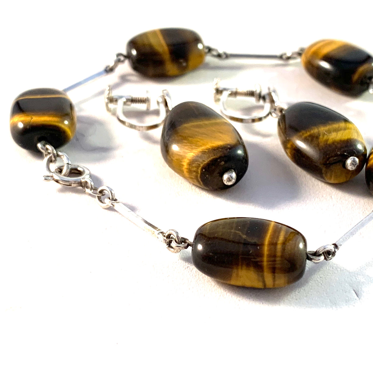 Victor Janson, Sweden. Vintage mid Century Solid Silver Tiger Eye Earrings and Bracelet.
