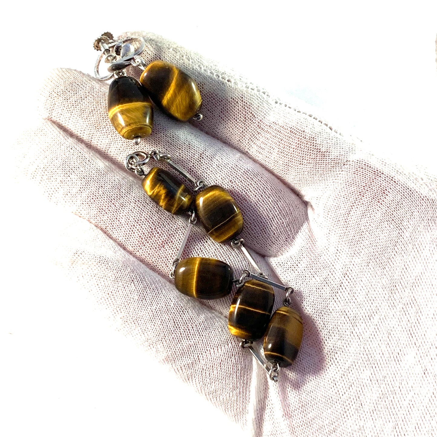 Victor Janson, Sweden. Vintage mid Century Solid Silver Tiger Eye Earrings and Bracelet.