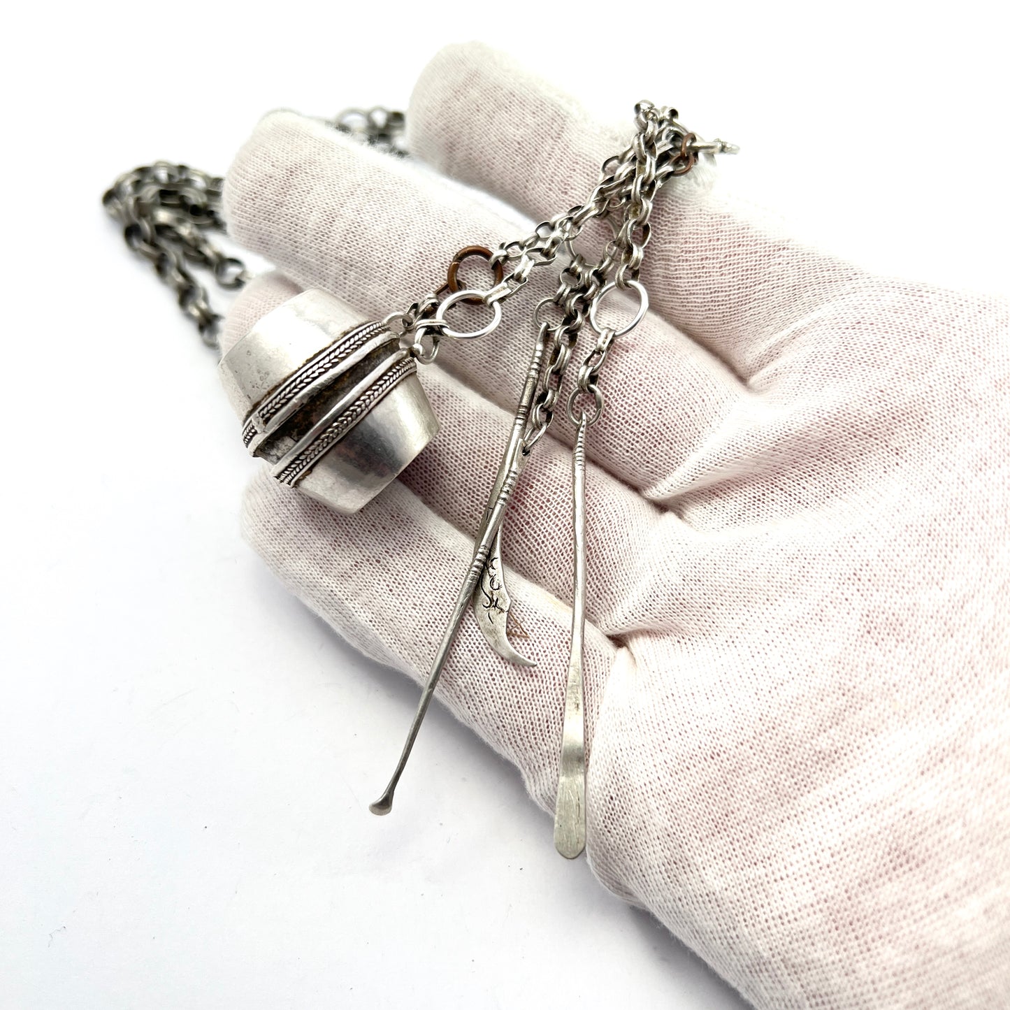 South East Asia Antique or Old Vintage Silver Chain with Opium Pipe Tools. Chatelaine