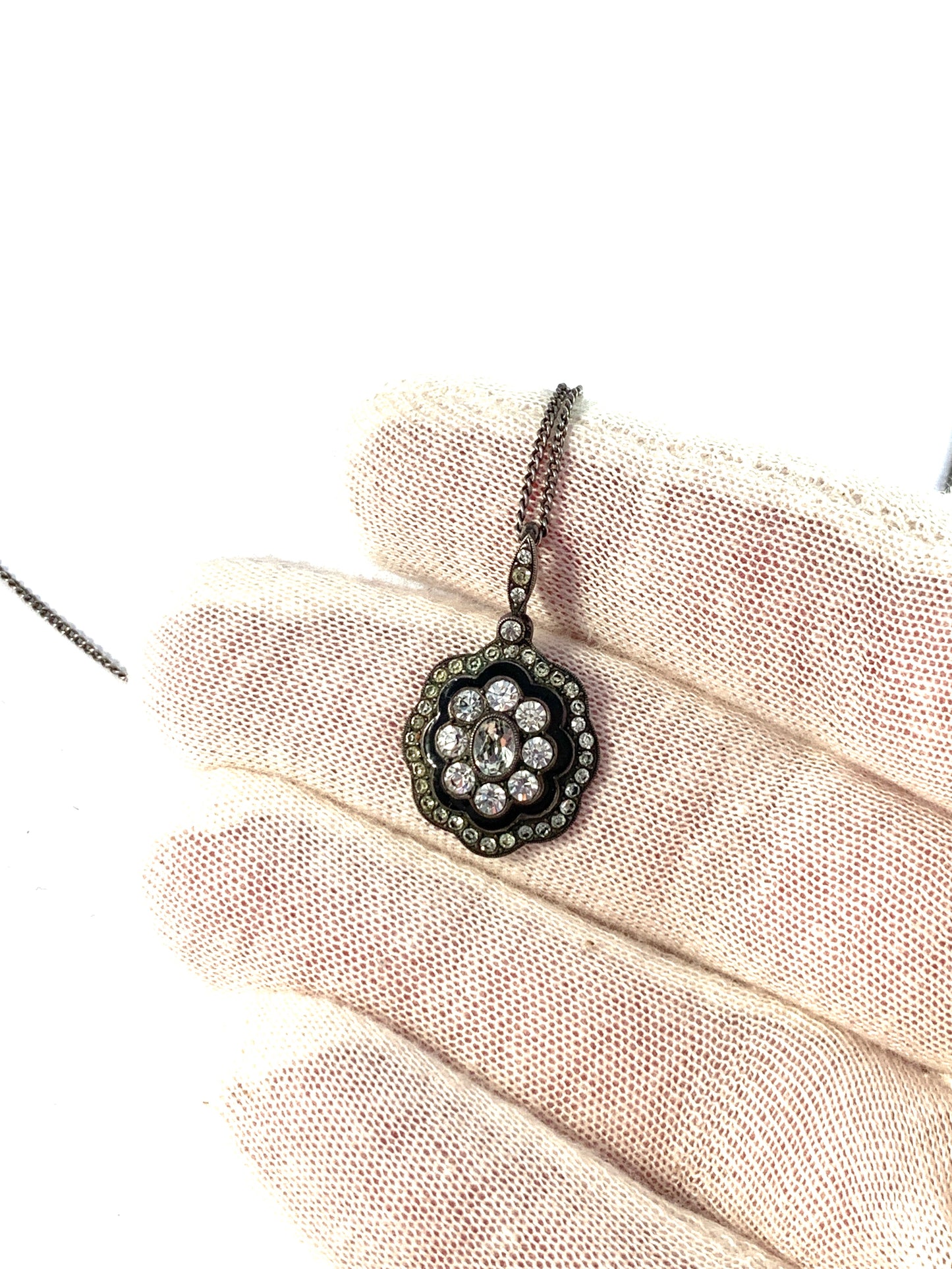 Bremer Silberwarenfabrik, Germany c 1910. Antique Solid Silver Black Enamel Paste Stone Pendant Necklace.