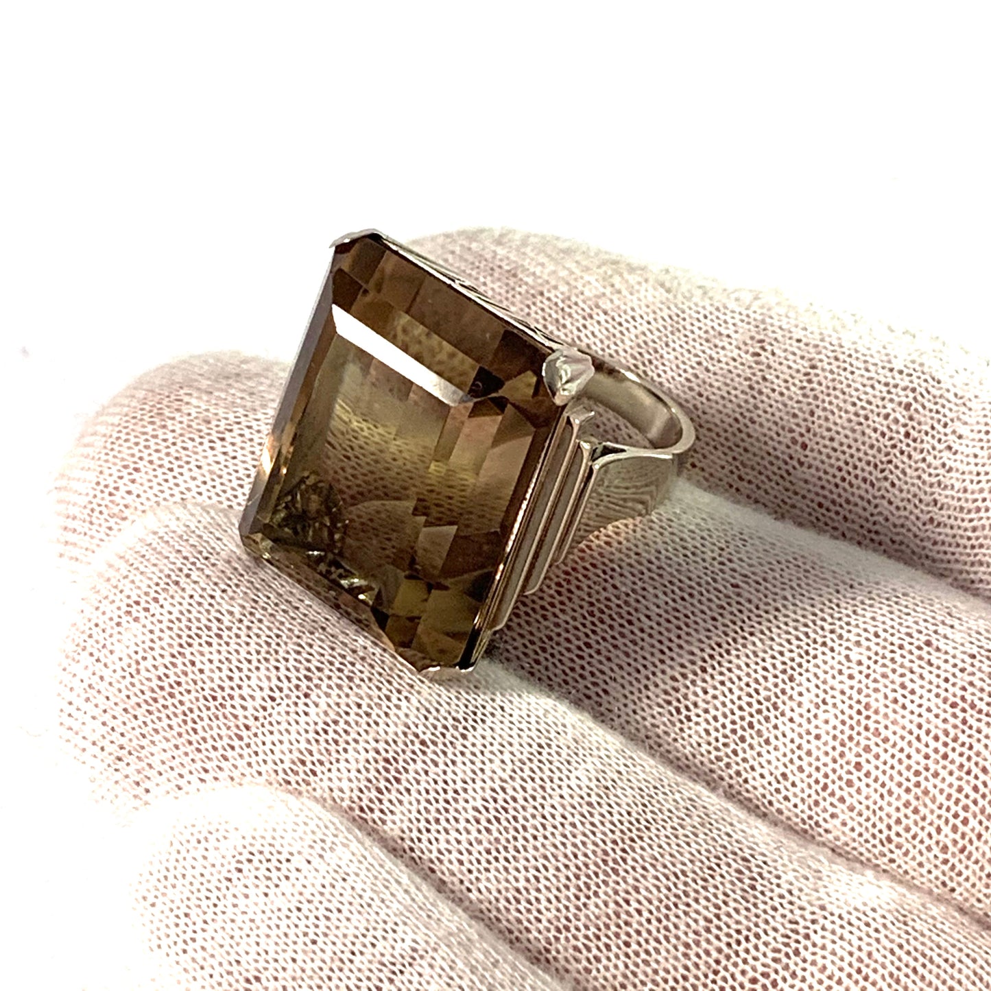 S C Fough, Denmark Mid Century 14k White Gold Quartz Cocktail Ring. 23.5gram