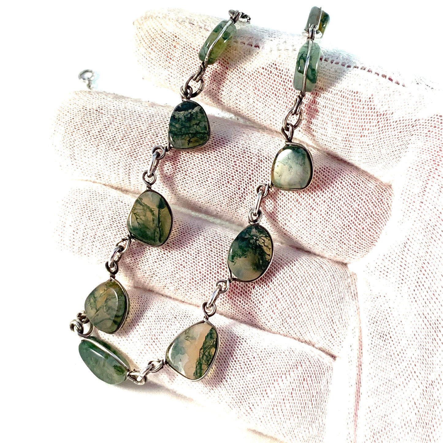 Stockholm, Sweden c 1970s Sterling Silver Moss Agate Necklace.