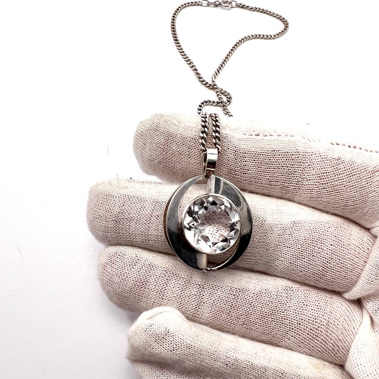 Salovaara, Finland 1970s, Modernist Solid Silver Rock Crystal Pendant Necklace