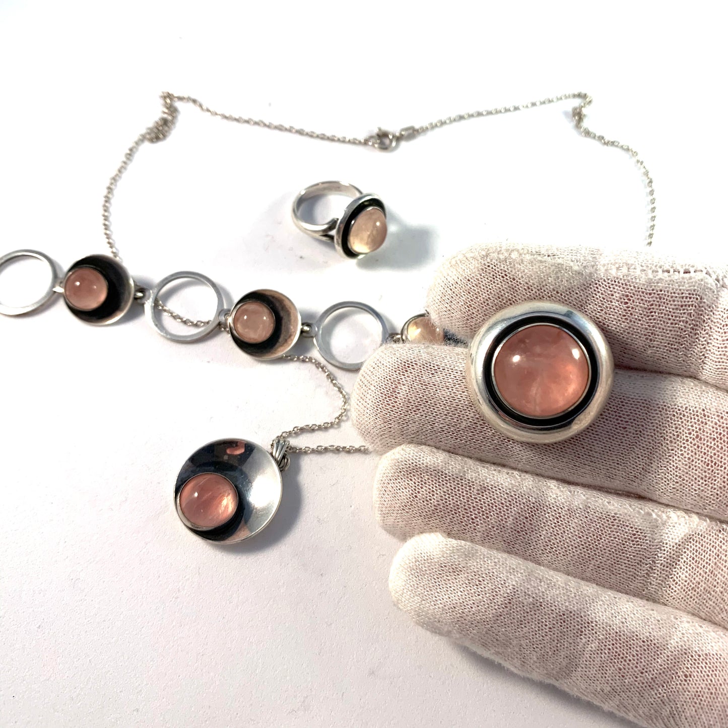 Niels Erik From, Denmark Vintage 1950s Sterling Silver Rose Quartz Set