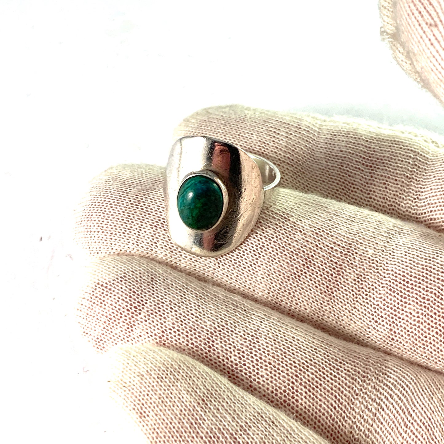 Vintage 1960s. Solid Silver Malachite Ring. Denmark or Germany.