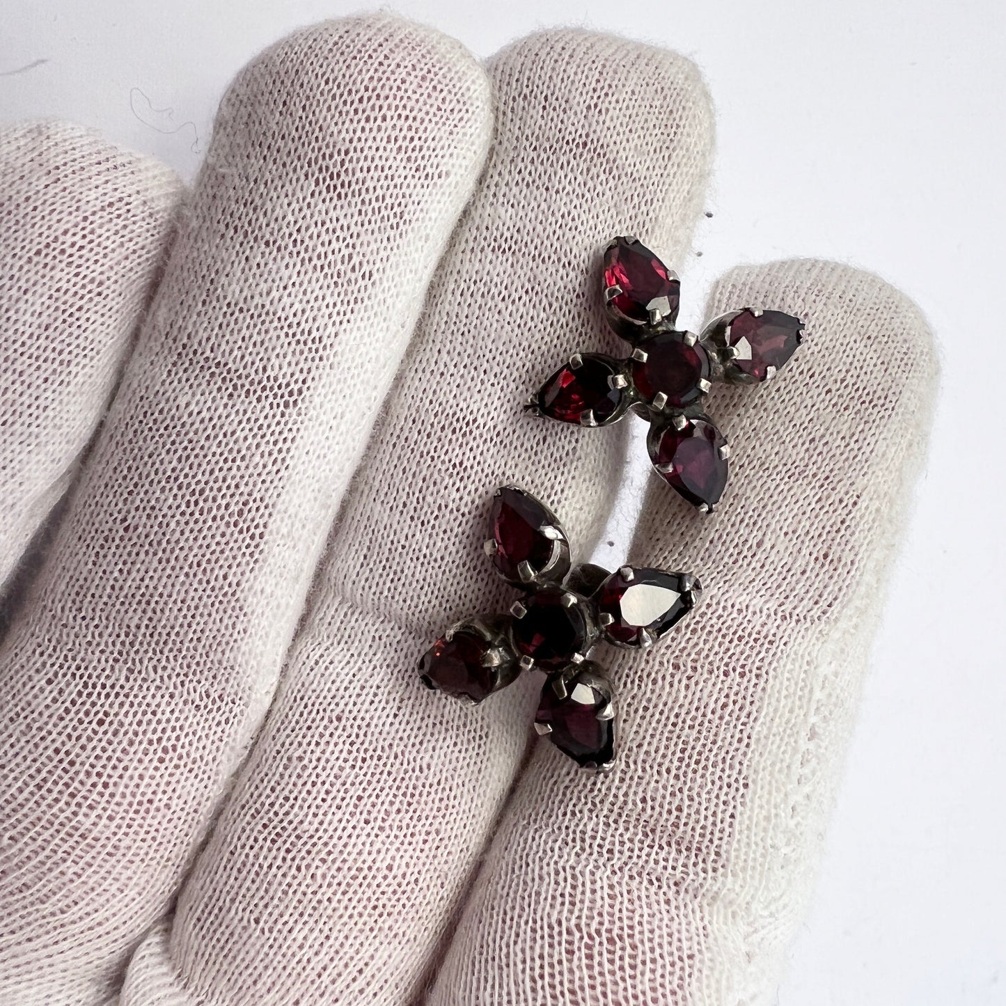 Antique Edwardian Silver Bohemian Garnet Earrings.