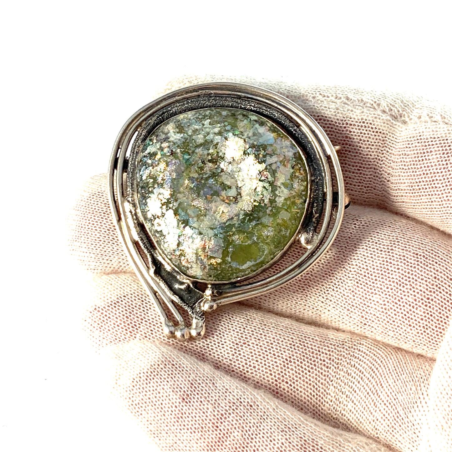 Avi Soffer, Israel Vintage Sterling Silver Antique Roman Glass Brooch Pendant.