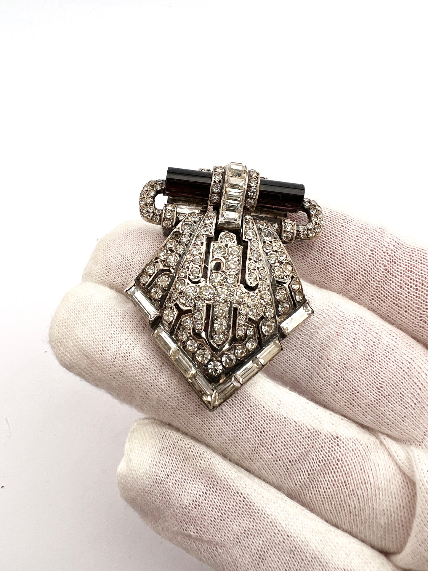 Maker SF, France 1920s. Art Deco Sterling Silver Paste Stone Fur Dress Clip Brooch.