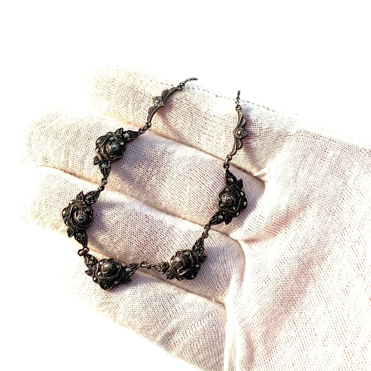 Maker AR, Germany / Austria Early 1900s. 935 Silver Marcasite Rose Flower Necklace.