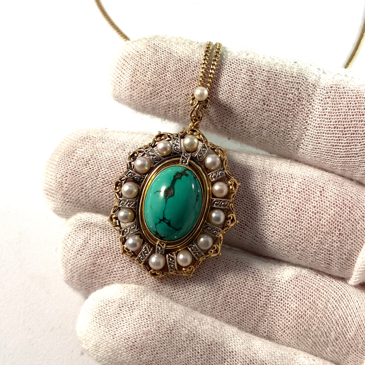 Edwardian 18k Gold Turquoise Pearl Pendant Necklace.
