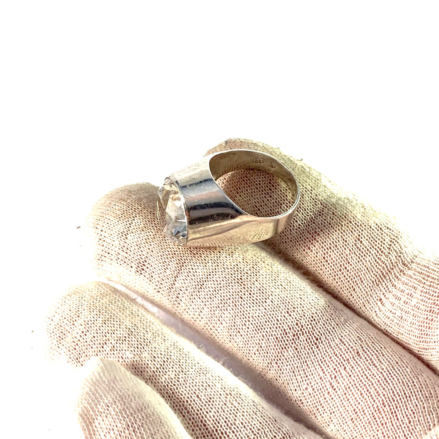 Maker JP, Germany 1960s Solid 830 Silver Rock Crystal Modernist Ring.