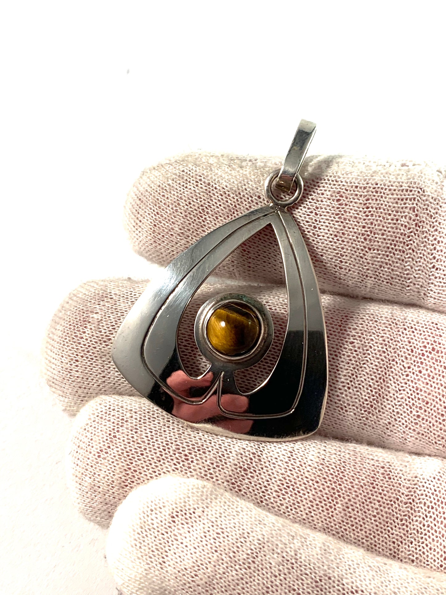 L Haglund, Sweden 1961 Sterling Tiger-Eye Pendant. Signed