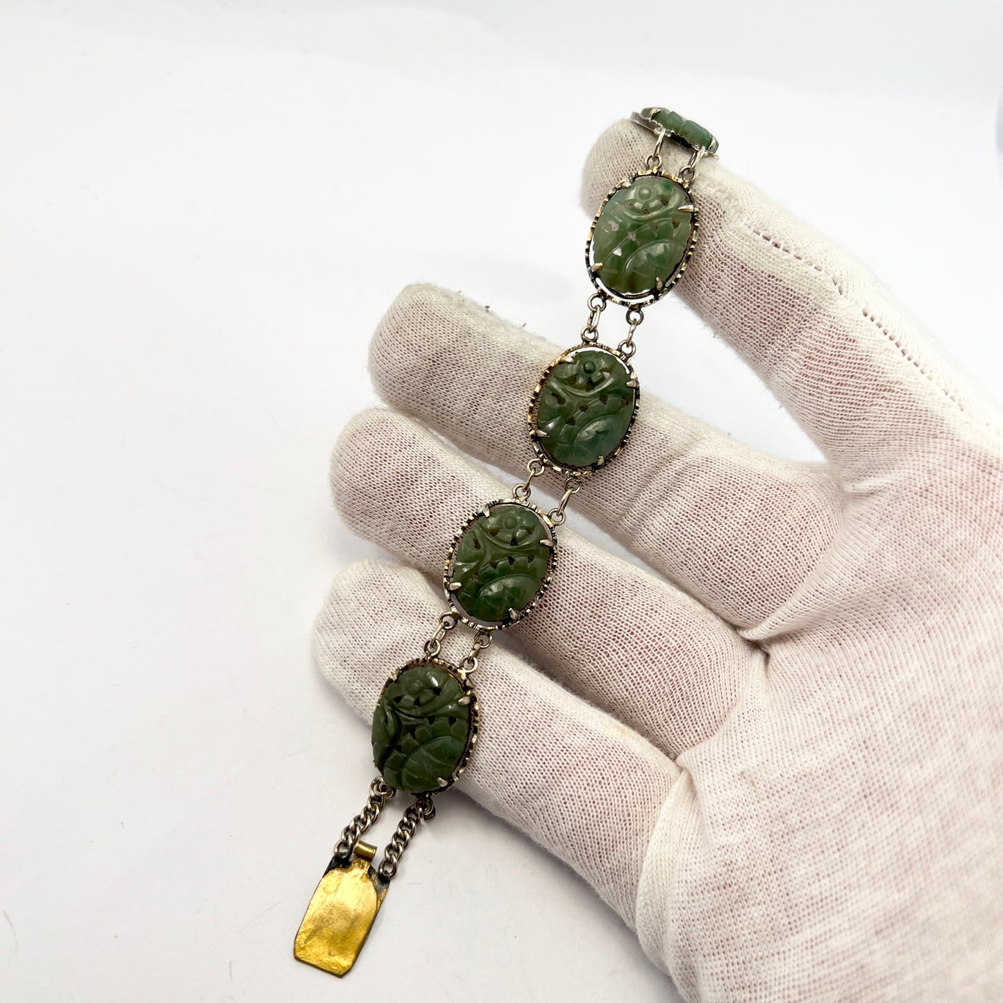 Chinese Export c 1930. Solid Silver Carved Jade Bracelet. Hallmarked China.