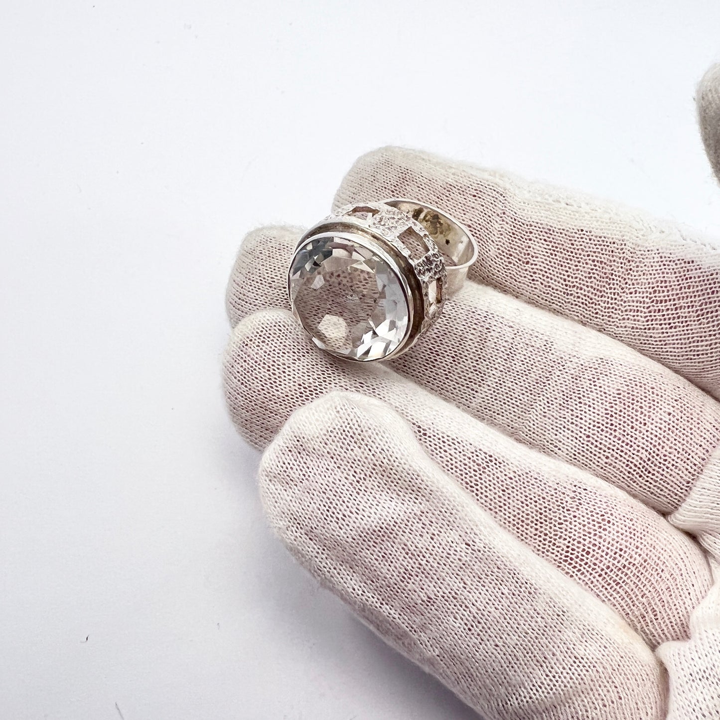 Sweden 1970s. Bold Modernist Solid Silver Rock Crystal Ring.