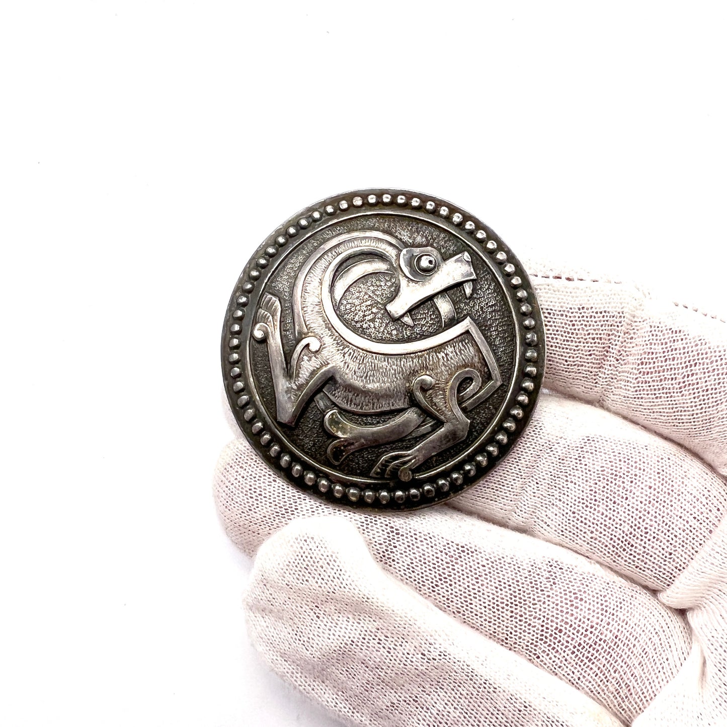 Norway early 1900s. Solid Silver Dragestil Dragon-style Brooch.