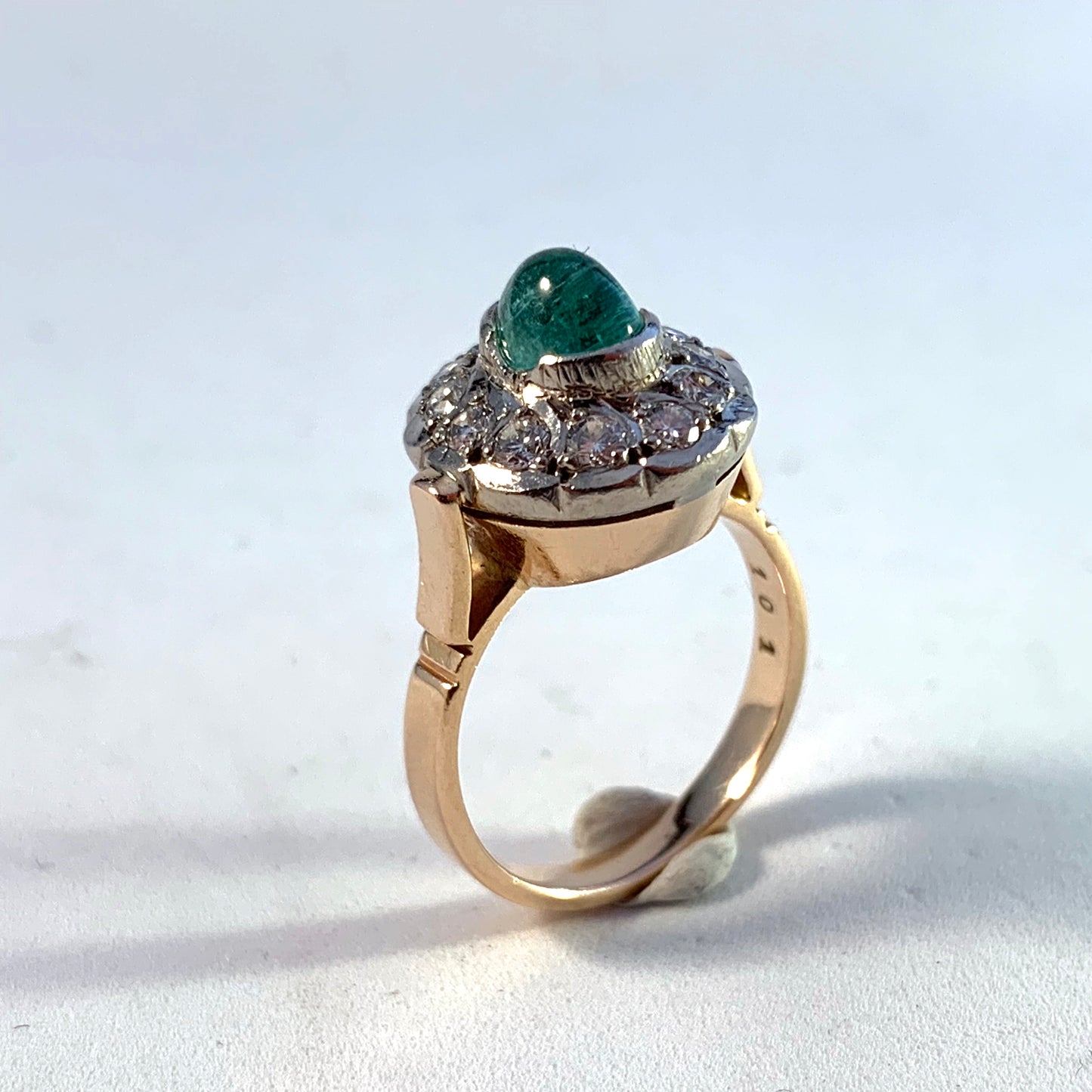 Russia, Soviet Era 1950s 14k Gold 2.4ctw Diamond Cabochon Emerald Cocktail Ring.