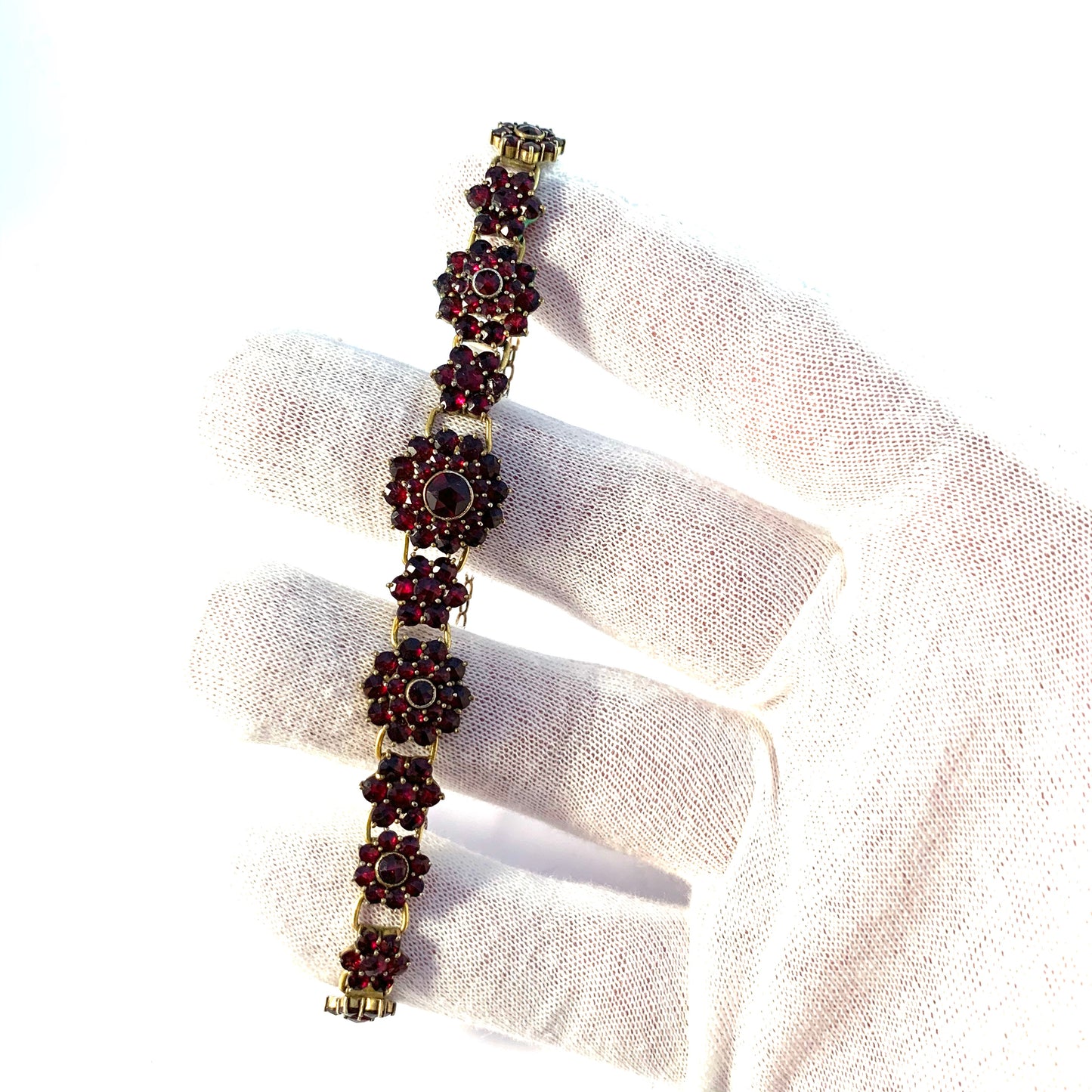 Marked Czechoslovakia, early 1900s Garnet Gilt Metal Bracelet.