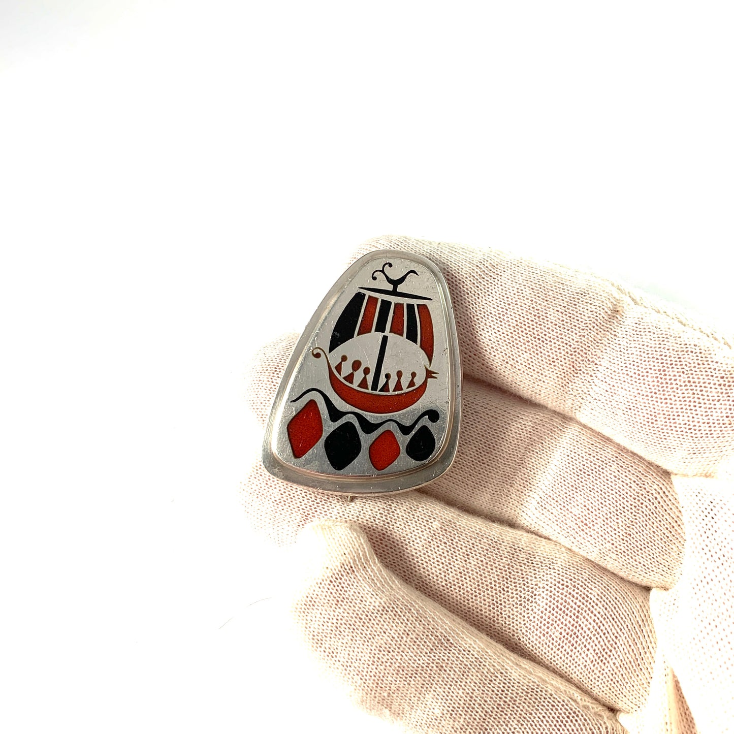 Atelier Borgila, Stockholm 1953. Sterling Silver Enamel Viking Ship Brooch.