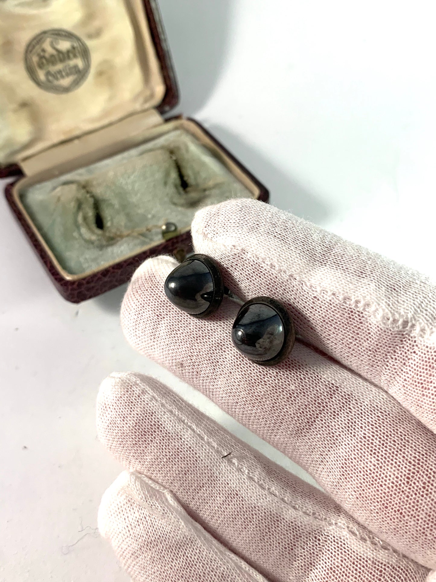 Antique German Silver Hematite Cufflinks. Boxed.
