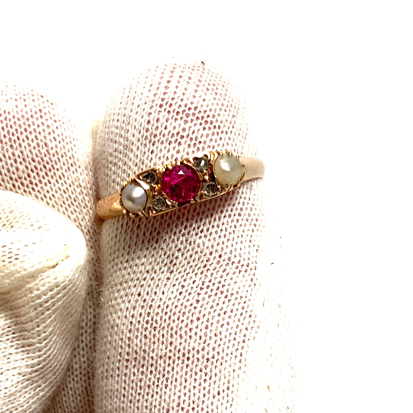 Bernhard Herz, Sweden 1907. Antique 18k Gold Diamond, Pink Sapphire and Pearl Ring.
