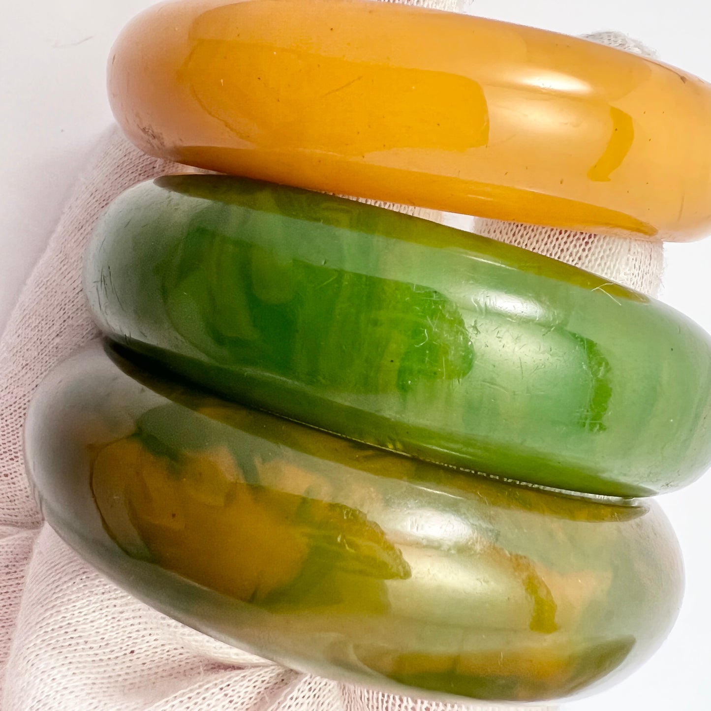 3 1930-40s Bakelite Bangles with Exhibition Provenance. Butterscotch and Jade Colour.