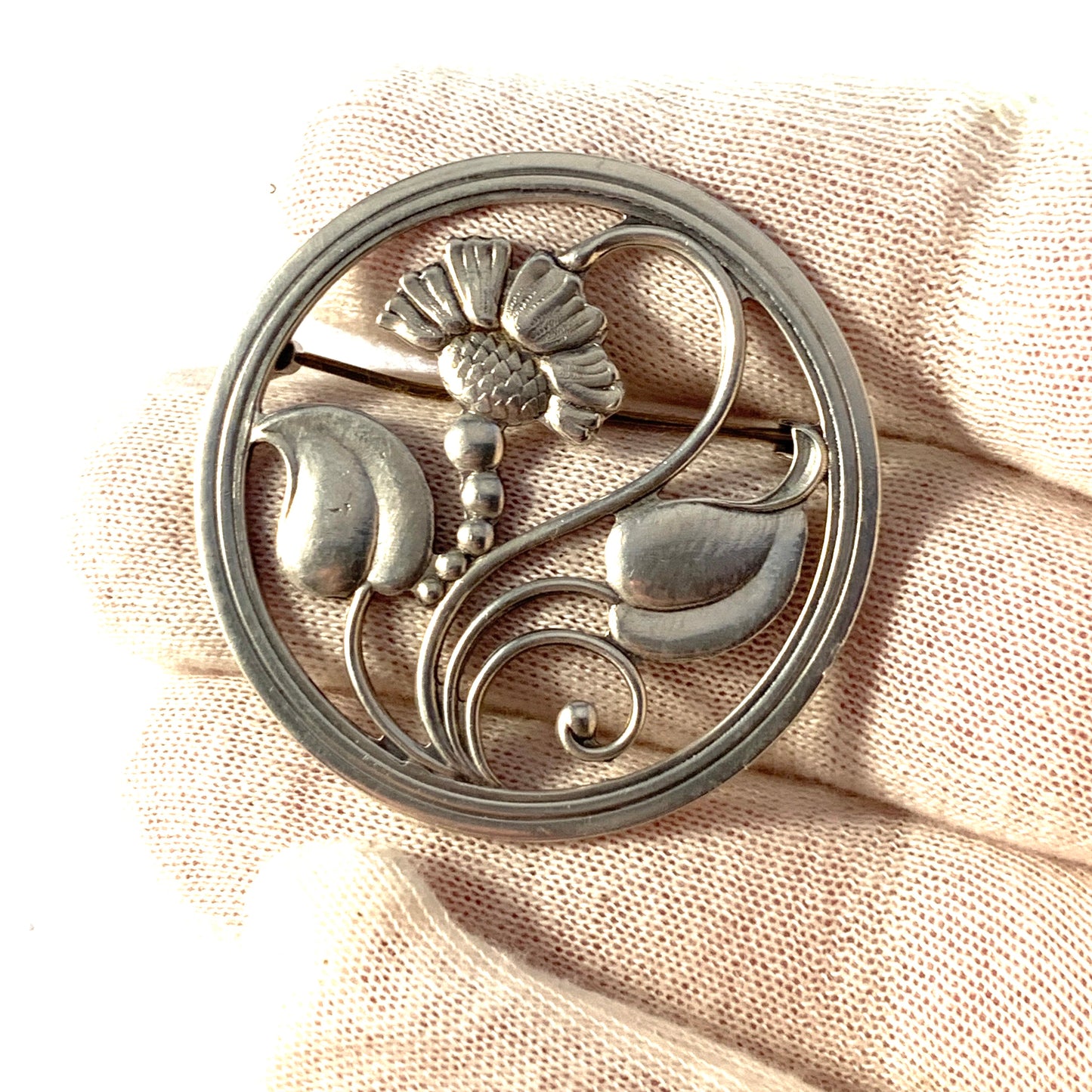 Orrica, Denmark. Vintage Mid Century Solid Silver Flower Brooch.