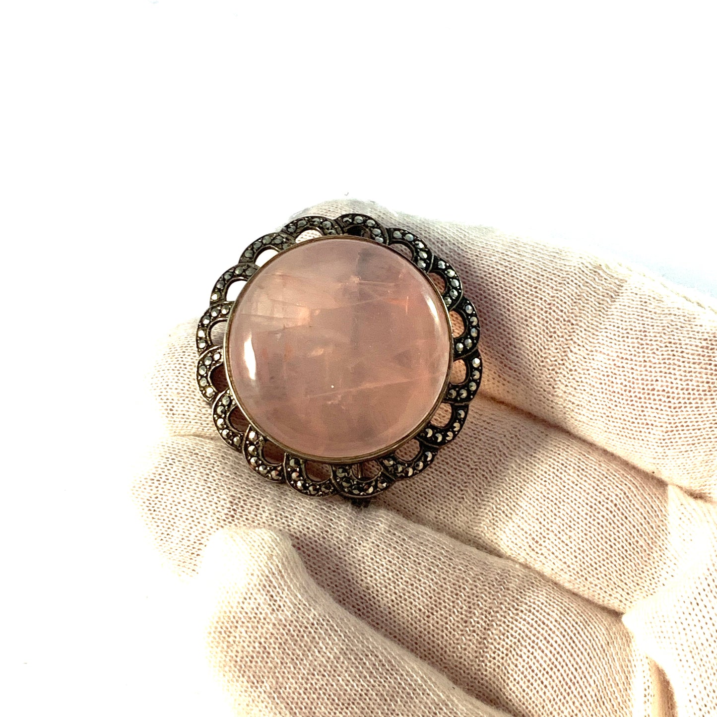 Germany 1940s. Solid Silver Rose Quartz Marcasite Brooch.