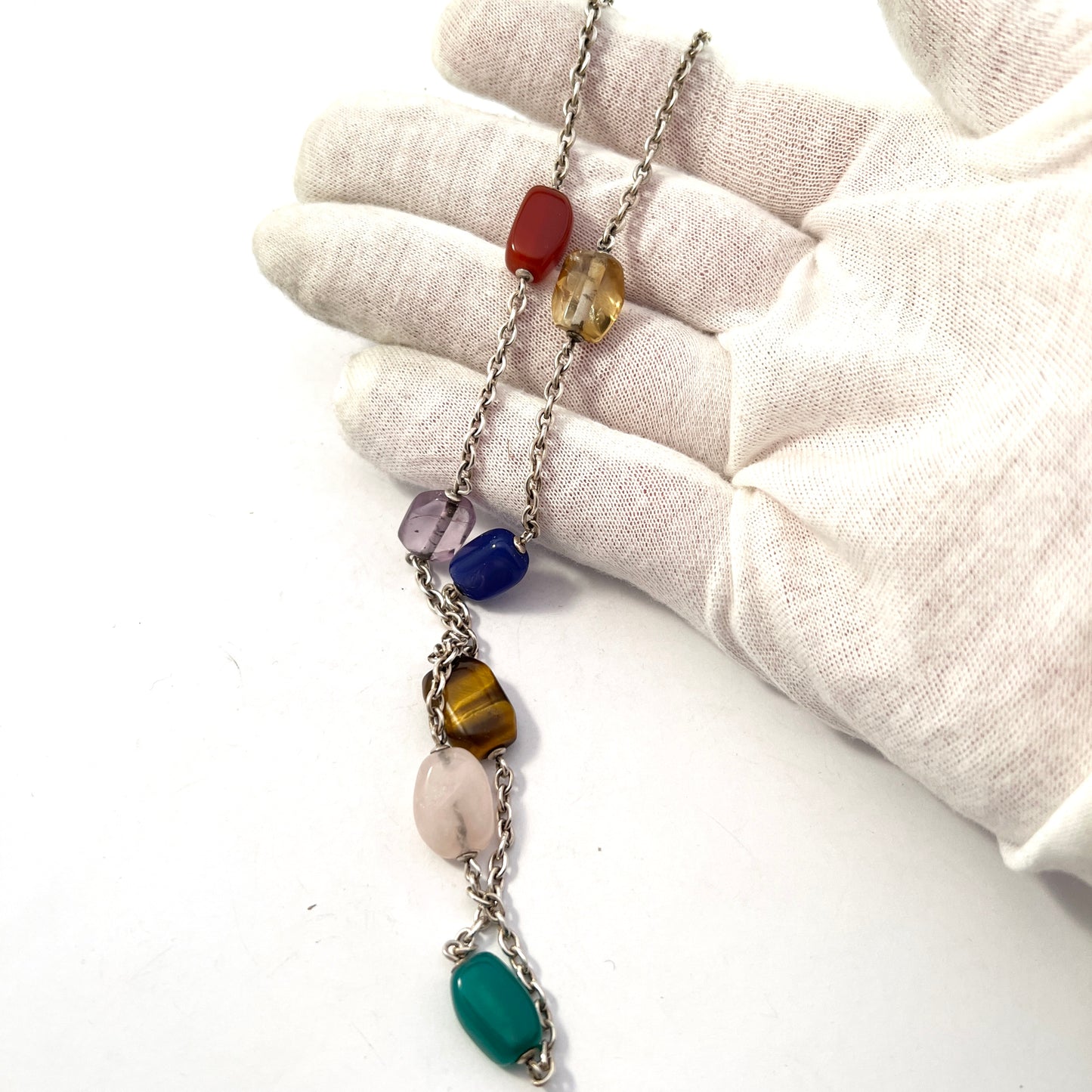 Vintage Mid Century Multiple Gemstones 835 Silver Necklace.