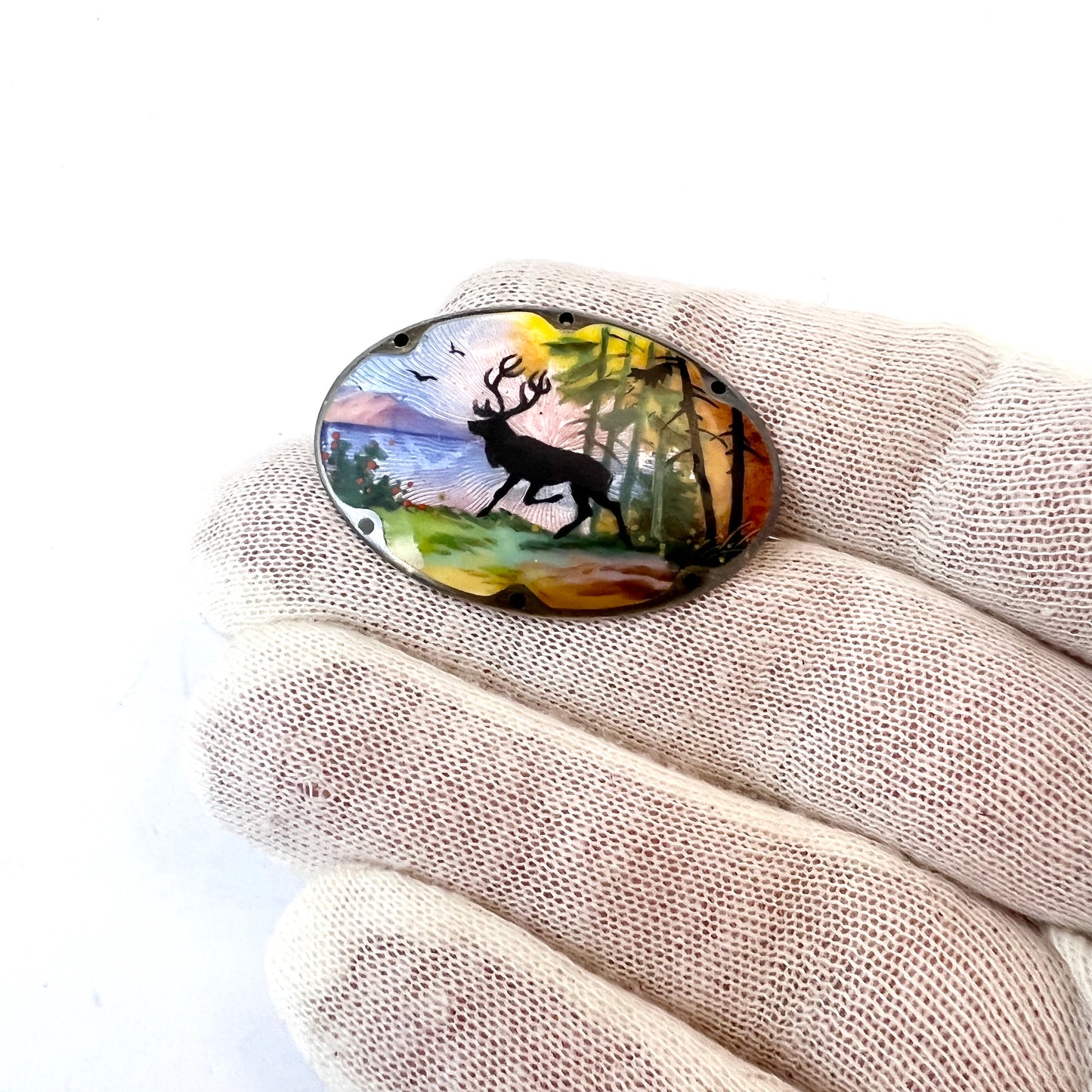 Gustav Hellstrom, Norway 1930s. Sterling Silver Enamel Reindeer Brooch.