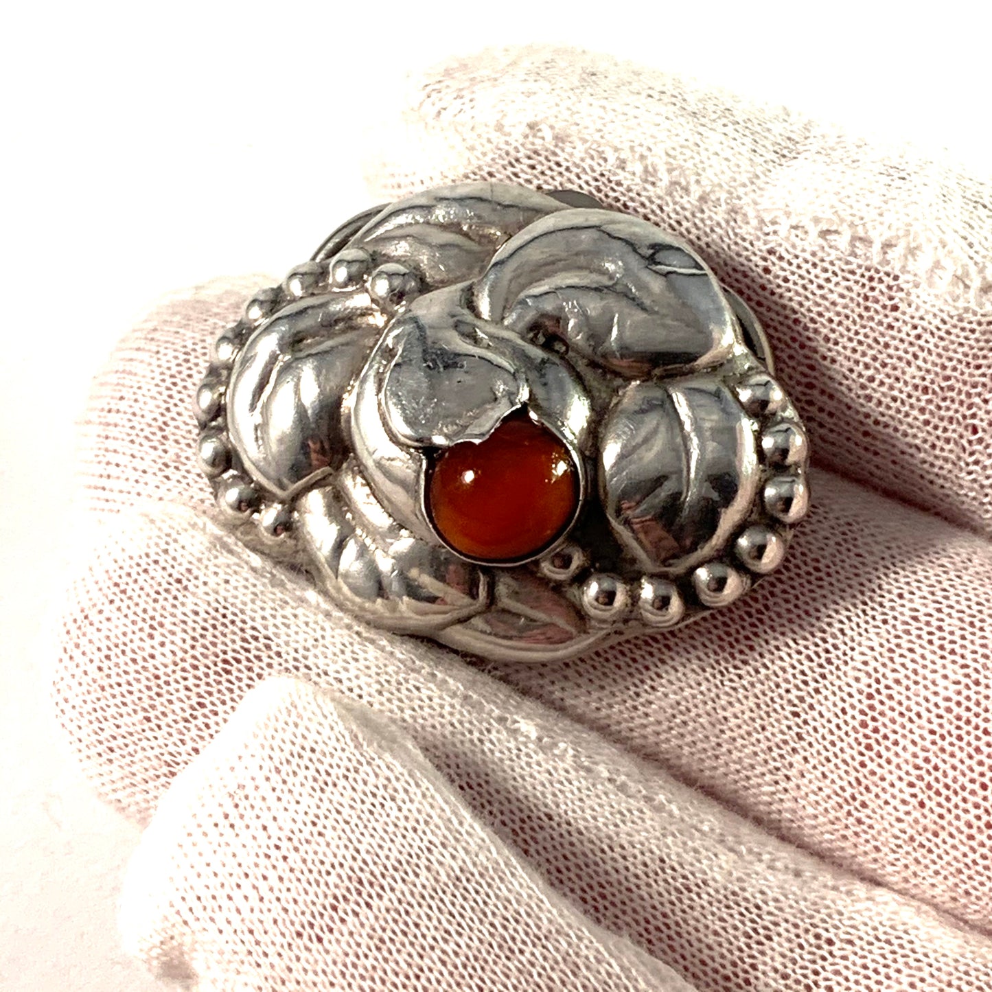 Denmark 1910s Art Nouveau Silver Amber Brooch Converted To Scarf Clip.