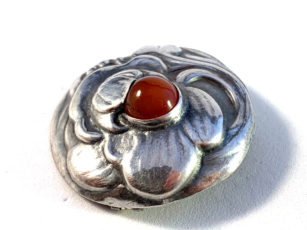 Bernhard Hertz, Copenhagen 1918 Antique Arts and Crafts Skonvirke 836 Silver Carnelian Brooch.