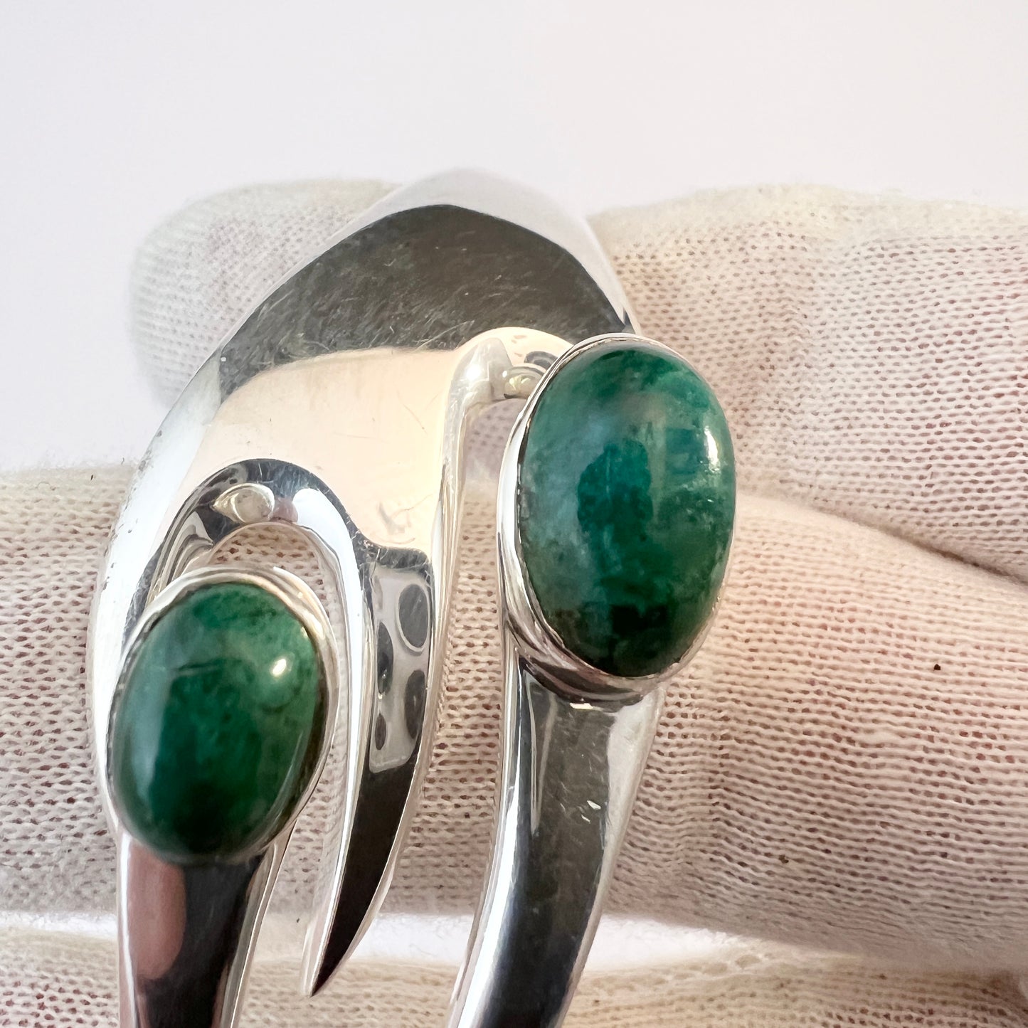 Sergio, Mexico, Vintage Sterling Silver Green Hardstone Clamper Bracelet.