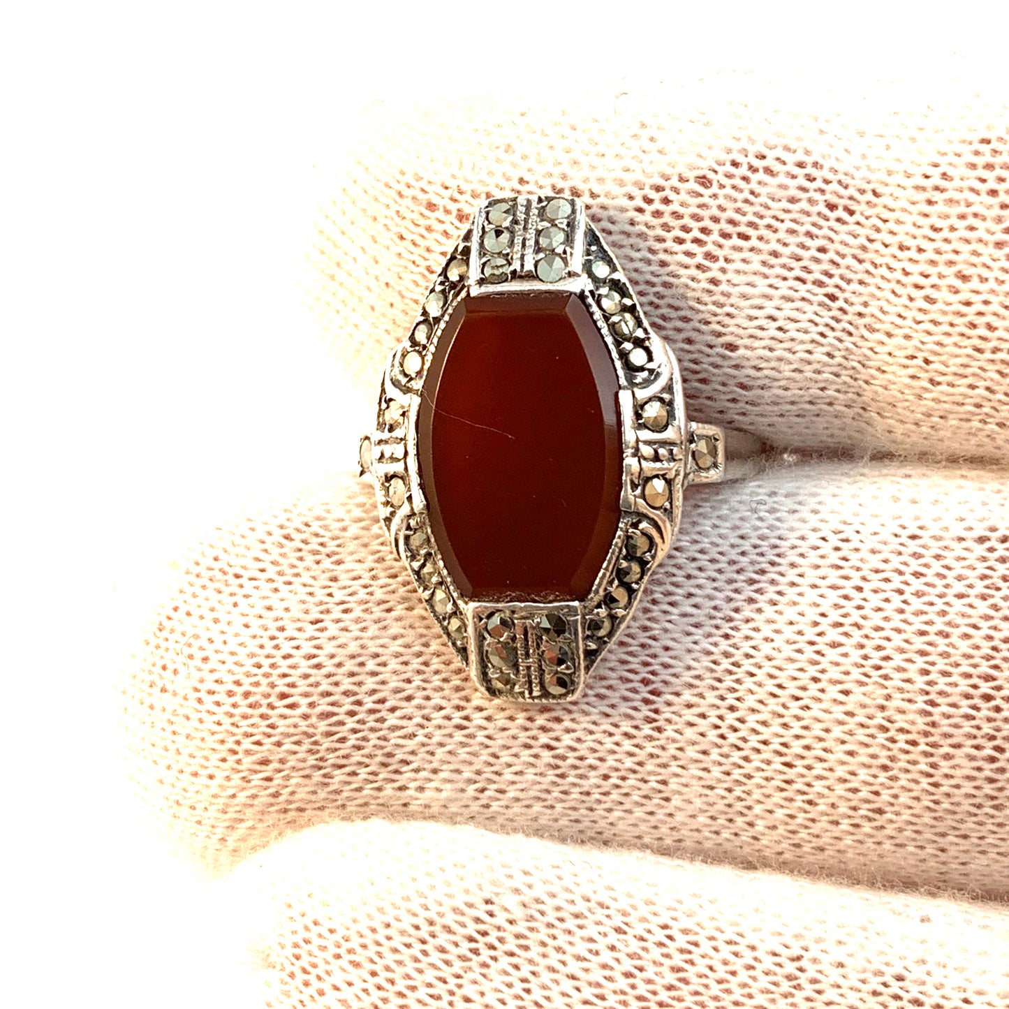1930s Art Deco 18k Gold Silver Carnelian Marcasite Ring.