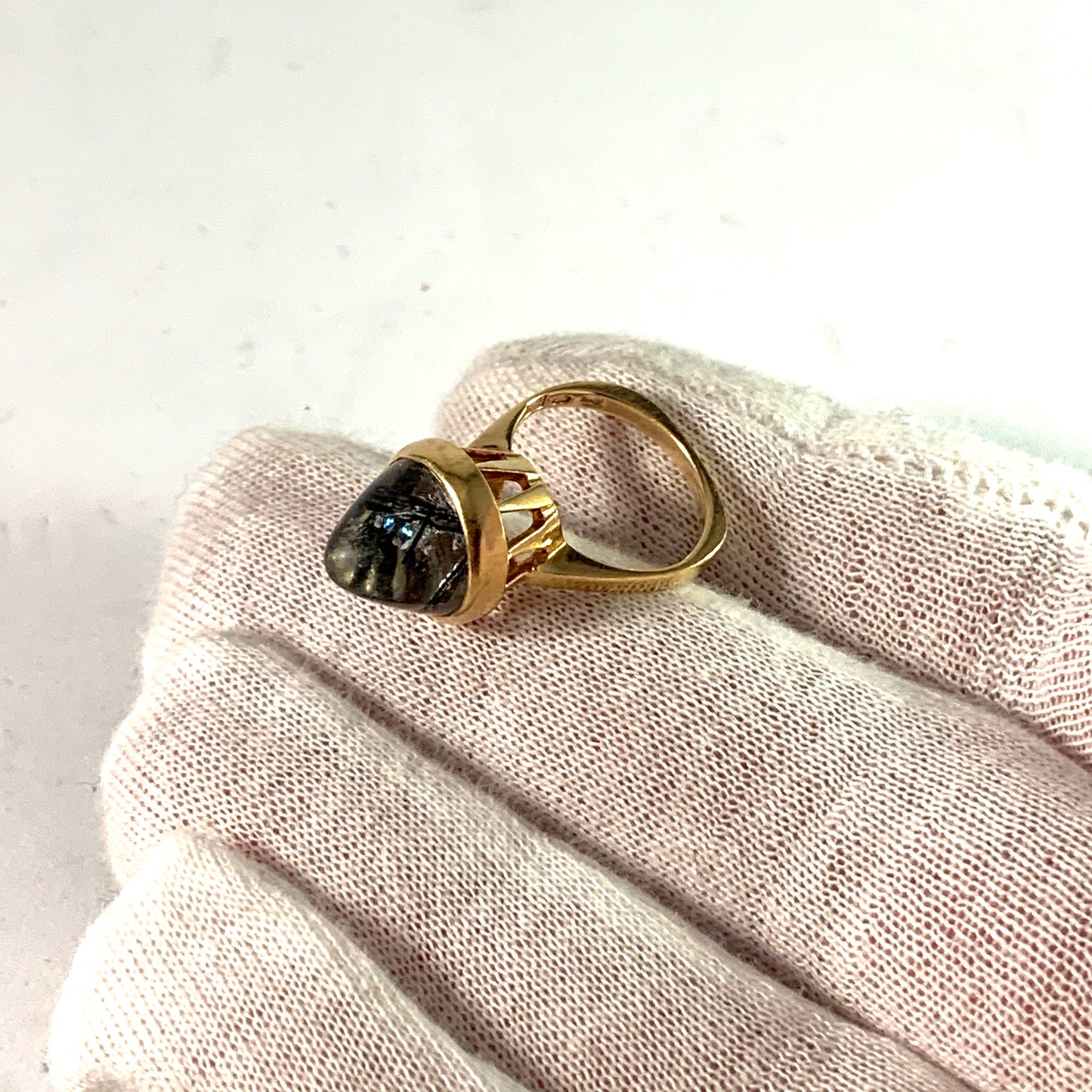J Petersson, 1965 Modernist 18k Gold Tourmalinated Quartz Pinky Ring