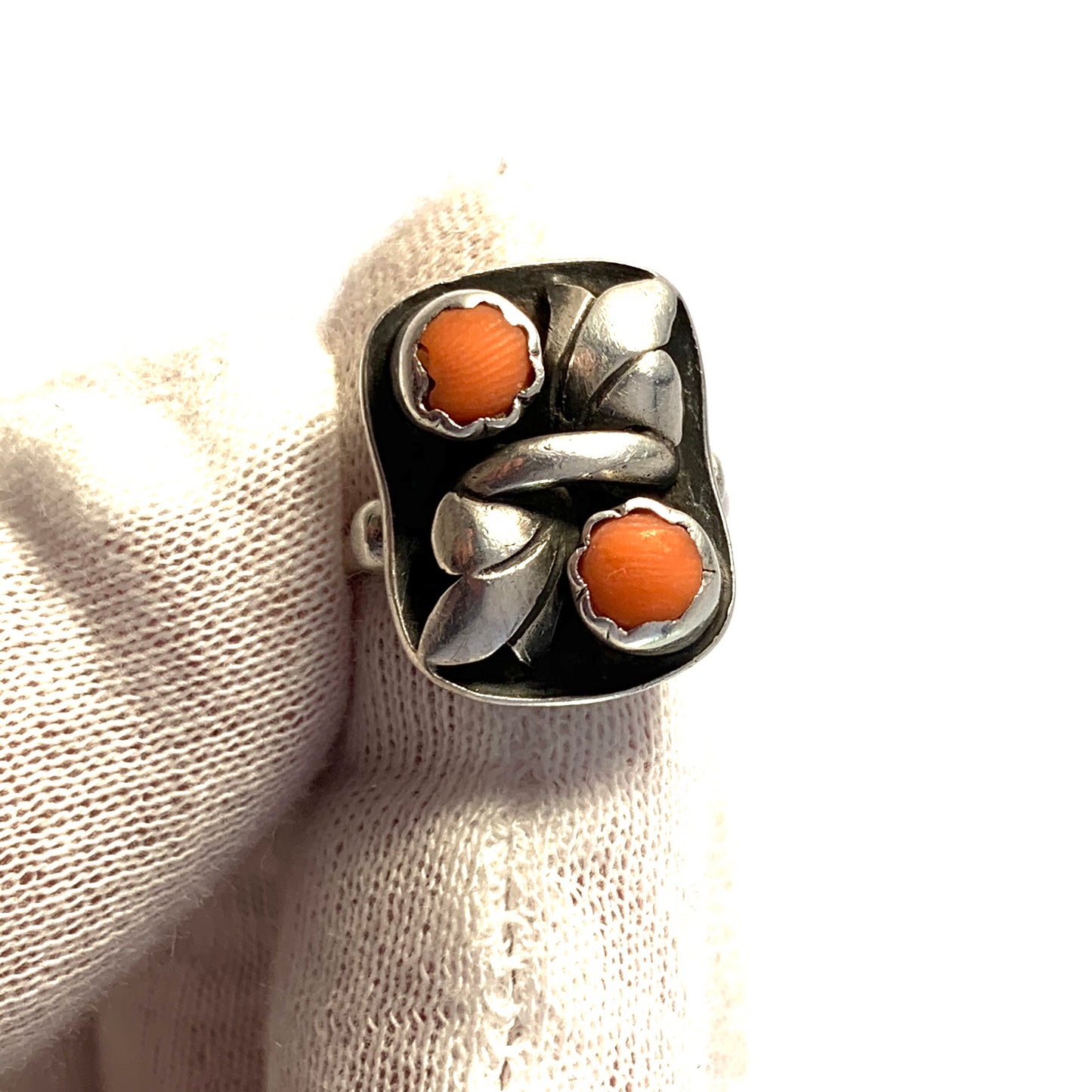 Germany early 1900s Solid 900 Silver Coral Ring.