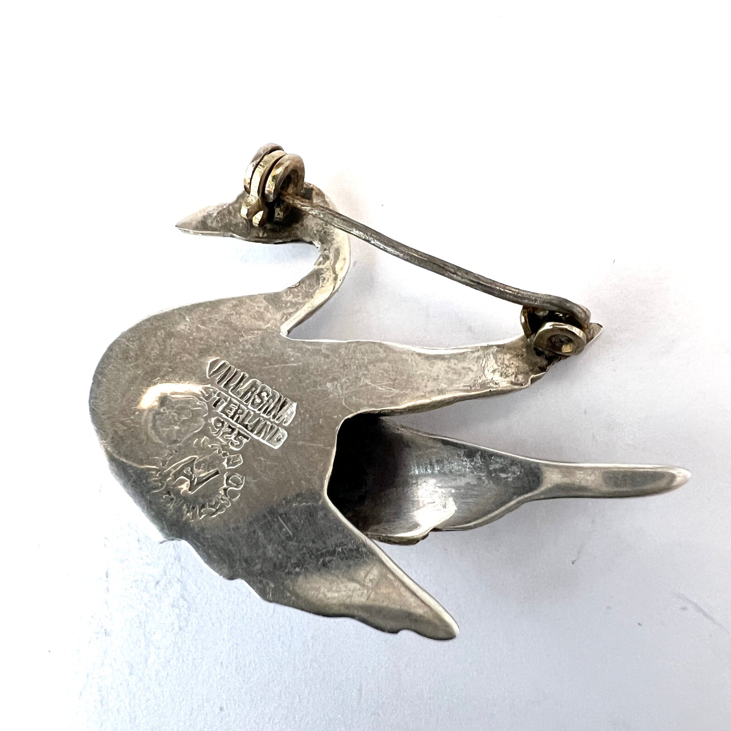 Villasana, Mexico. Vintage Sterling Silver Blue Glass Swan Brooch.