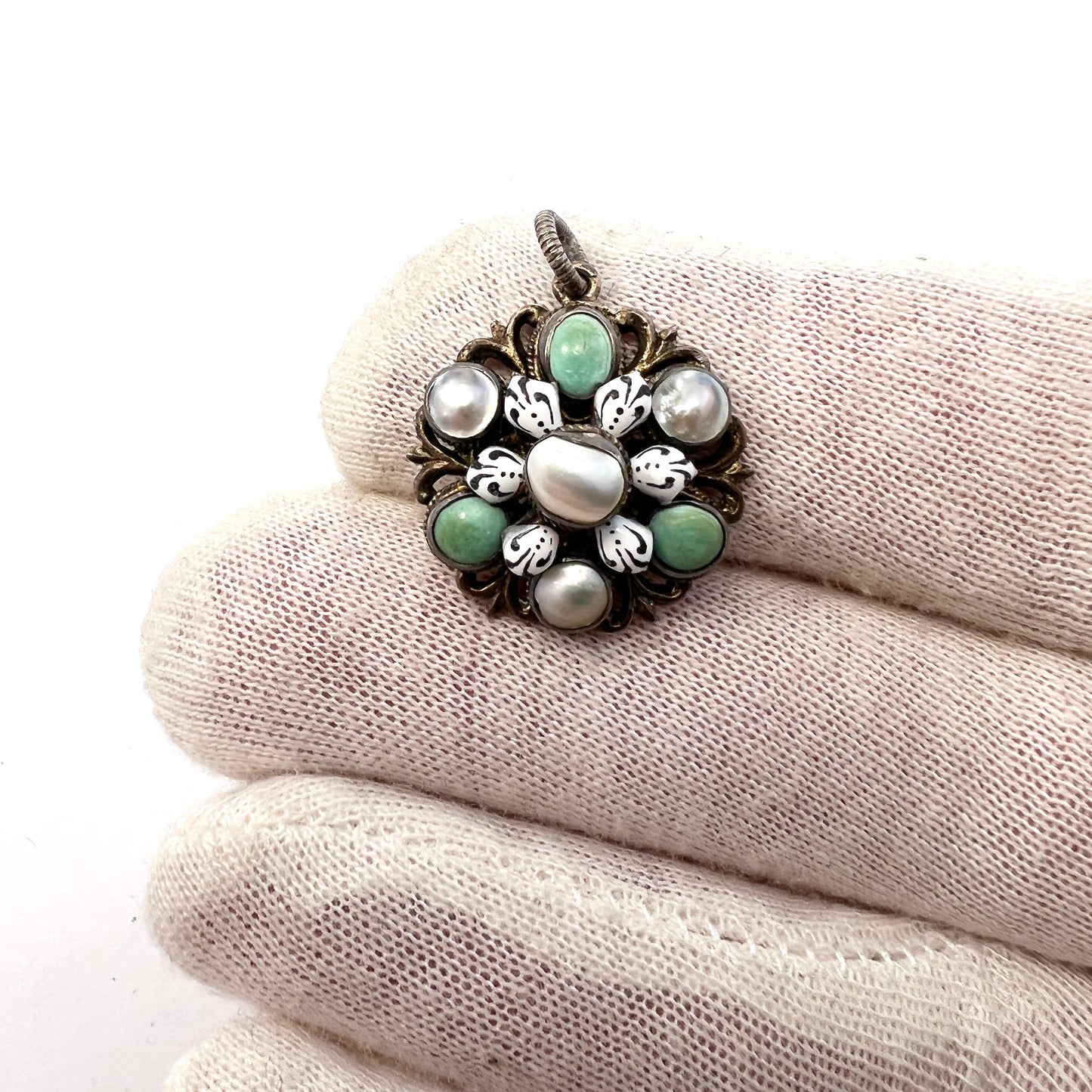 Arts & Crafts Austro-Hungarian Silver Enamel Pearl Turquoise Pendant.