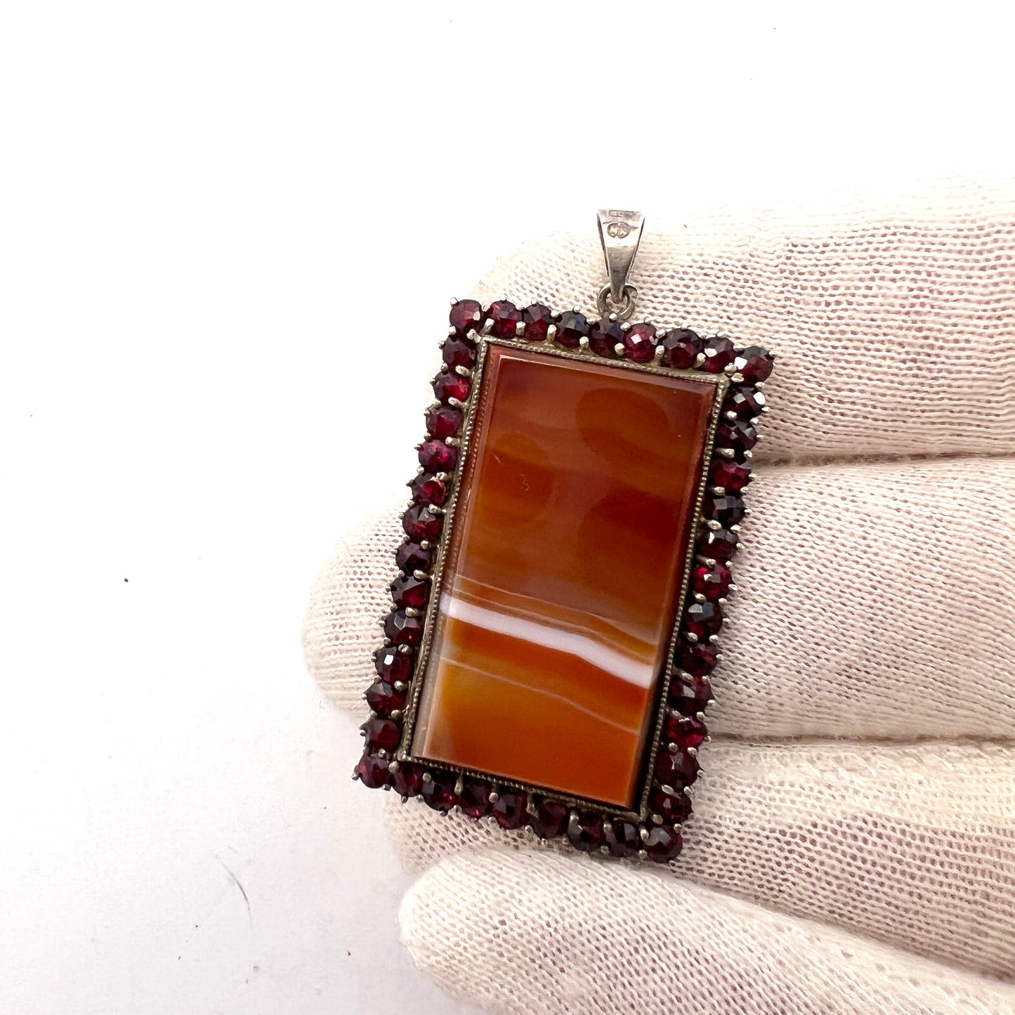 Maker MK, Germany/Austria early 1900s. Solid Silver Agate Bohemian Garnet Large Pendant.