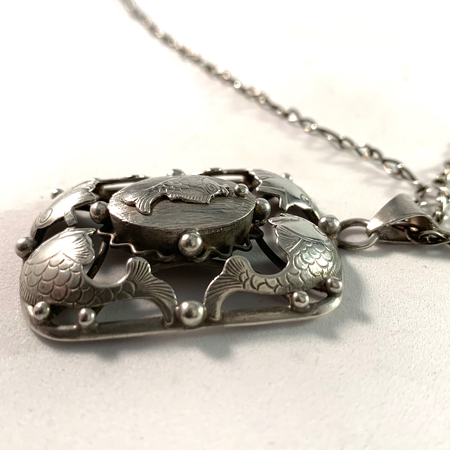 Erikson & Kromann, Denmark 1950s Silver Fish Pendant Necklace.