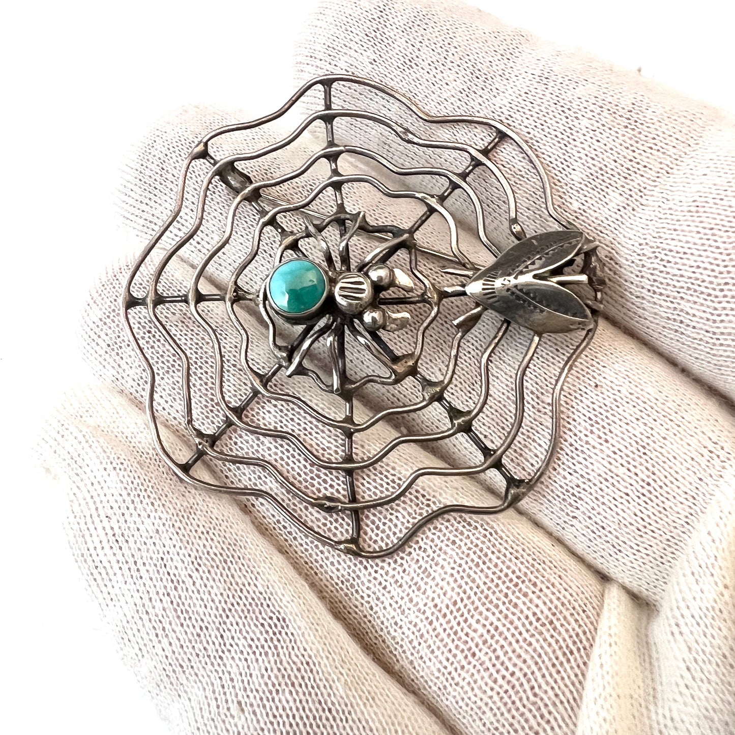 Vintage Solid Silver Spider With Fly Brooch.