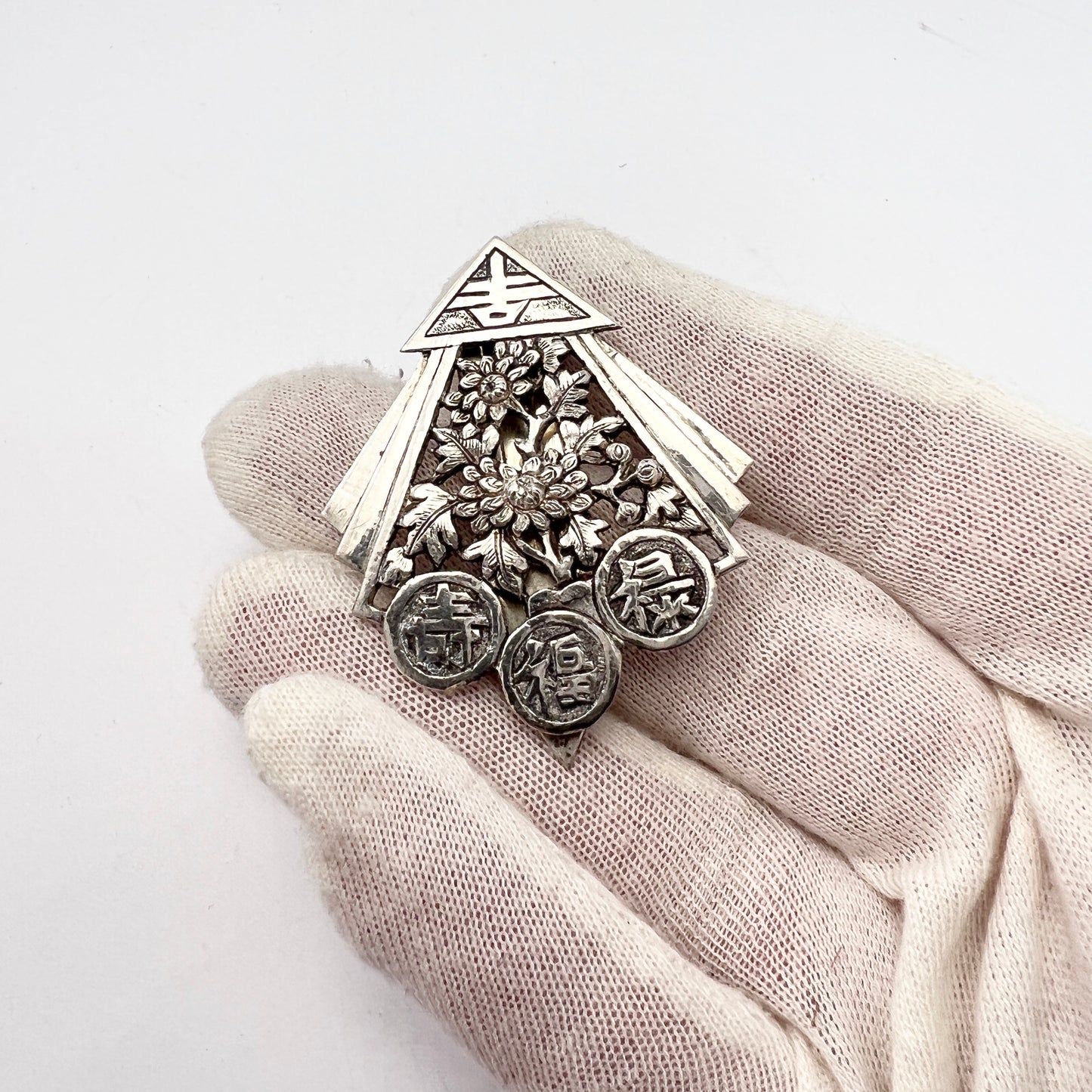 Indochina 1920-30s Art Deco Solid Silver Fur Clip Brooch.