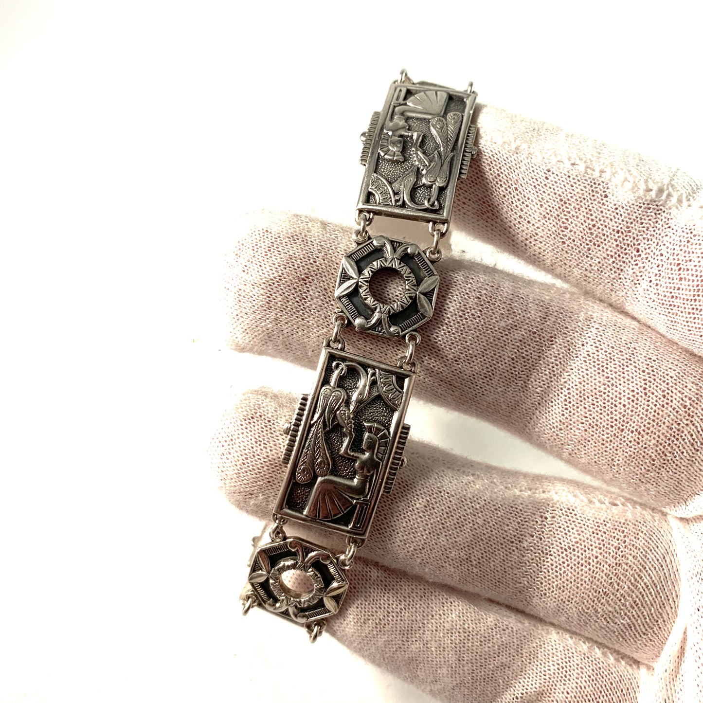 Matsilver, Sweden 1947 Mid Century Egyptian Revival Silver Bracelet.