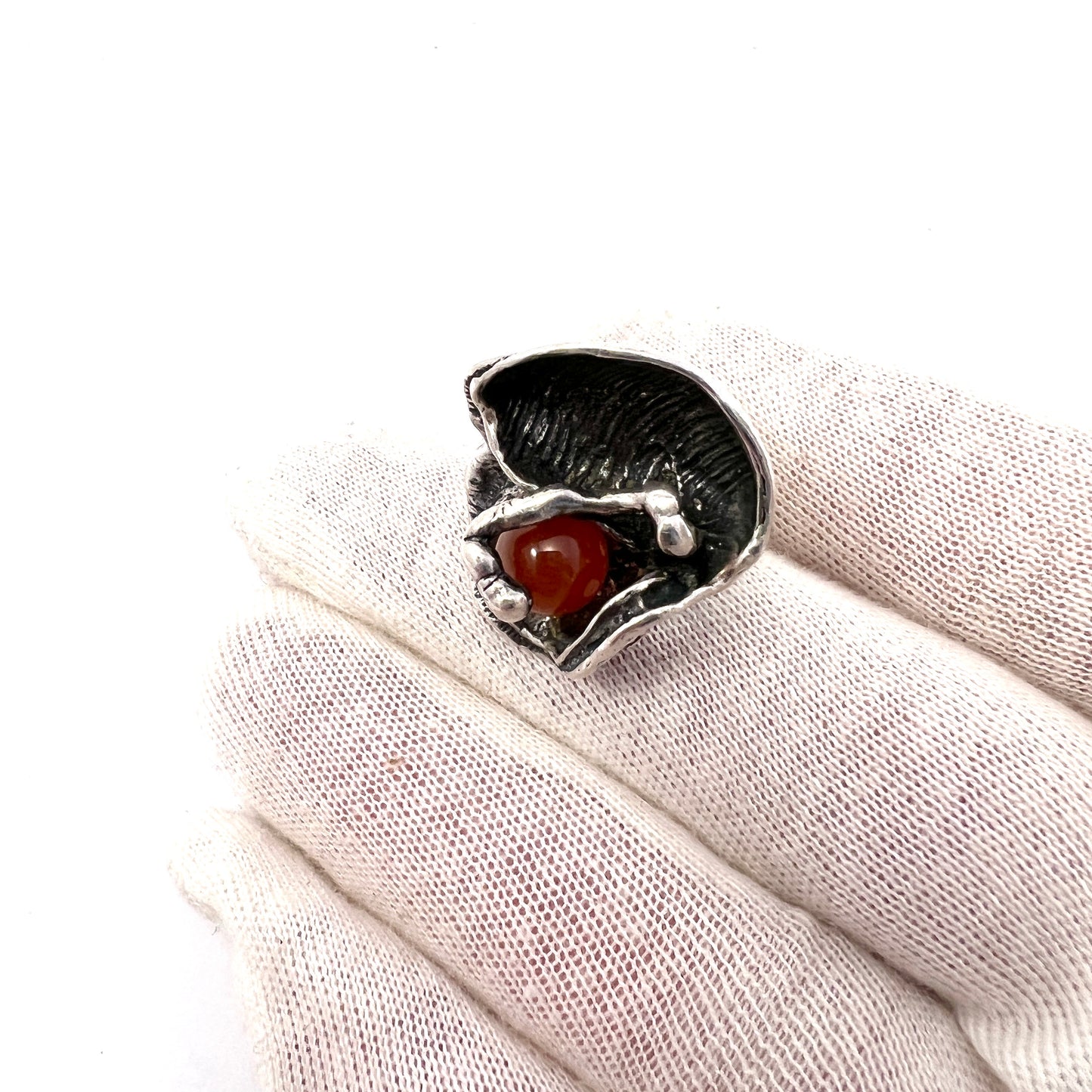 Vintage 1970s Modernist Brutalist Sterling Silver Carnelian Ring. Probably France
