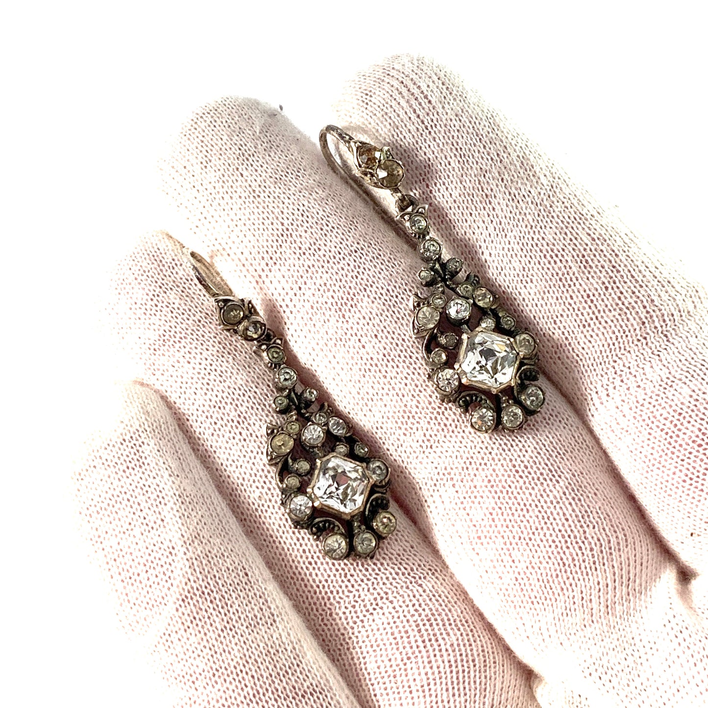 Antique 930 Sterling Silver Foil Back Paste Stone Earrings.