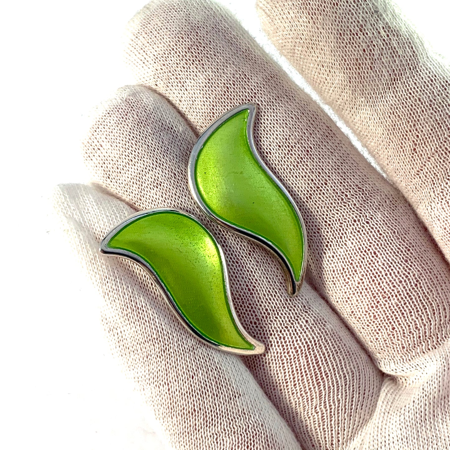 David Andersen, Designer Synnøve Korssjøen, Norway Sterling Silver Lime Green Enamel Large Stud Earrings