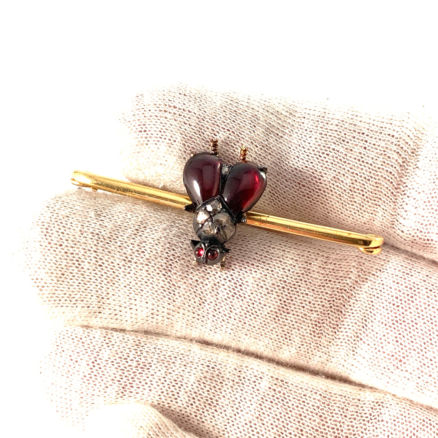 Antique Victorian 18k Gold Diamond Garnet Ruby Fly Insect Brooch Pin.