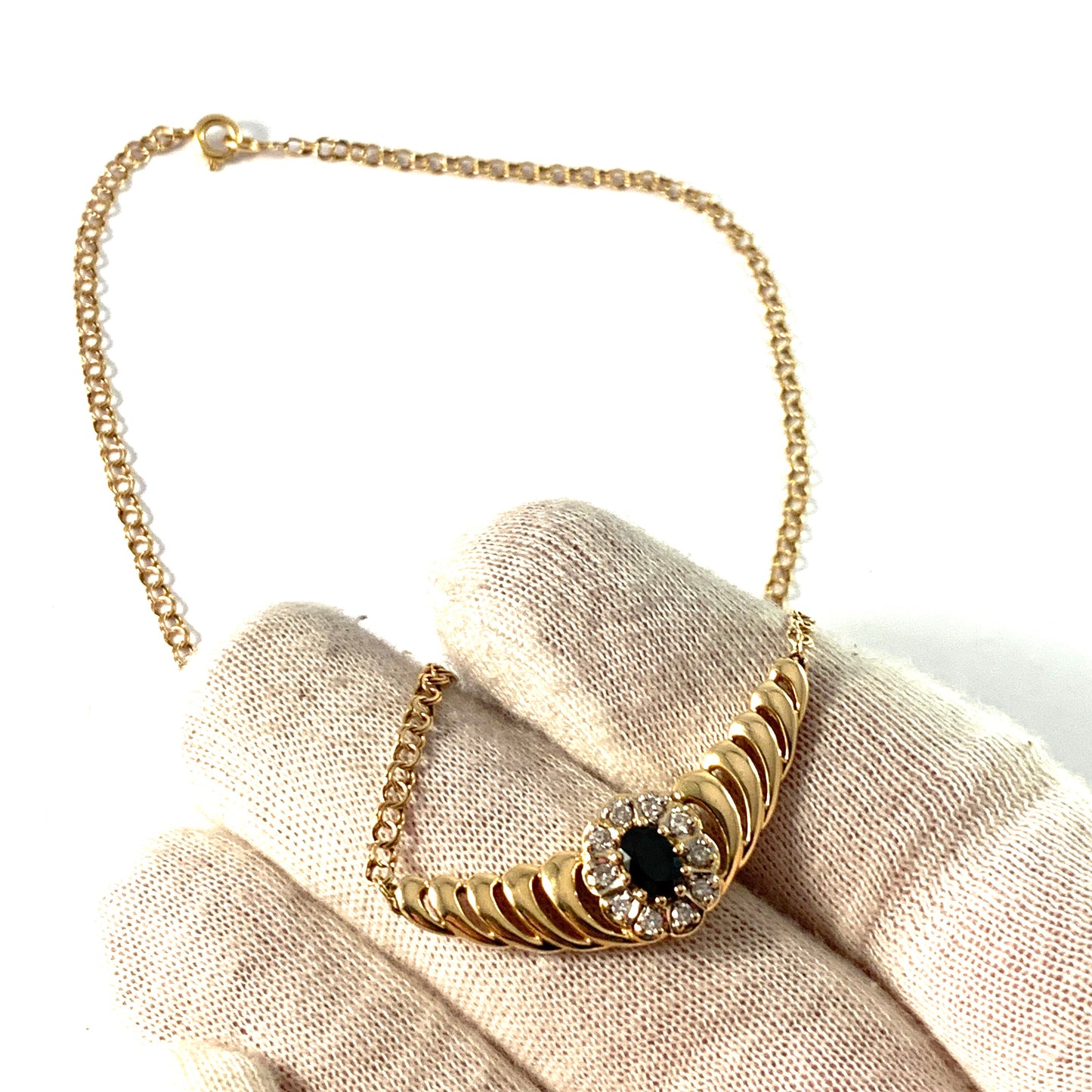 GFAB, Sweden. Vintage 18k Gold Diamond Sapphire Necklace.