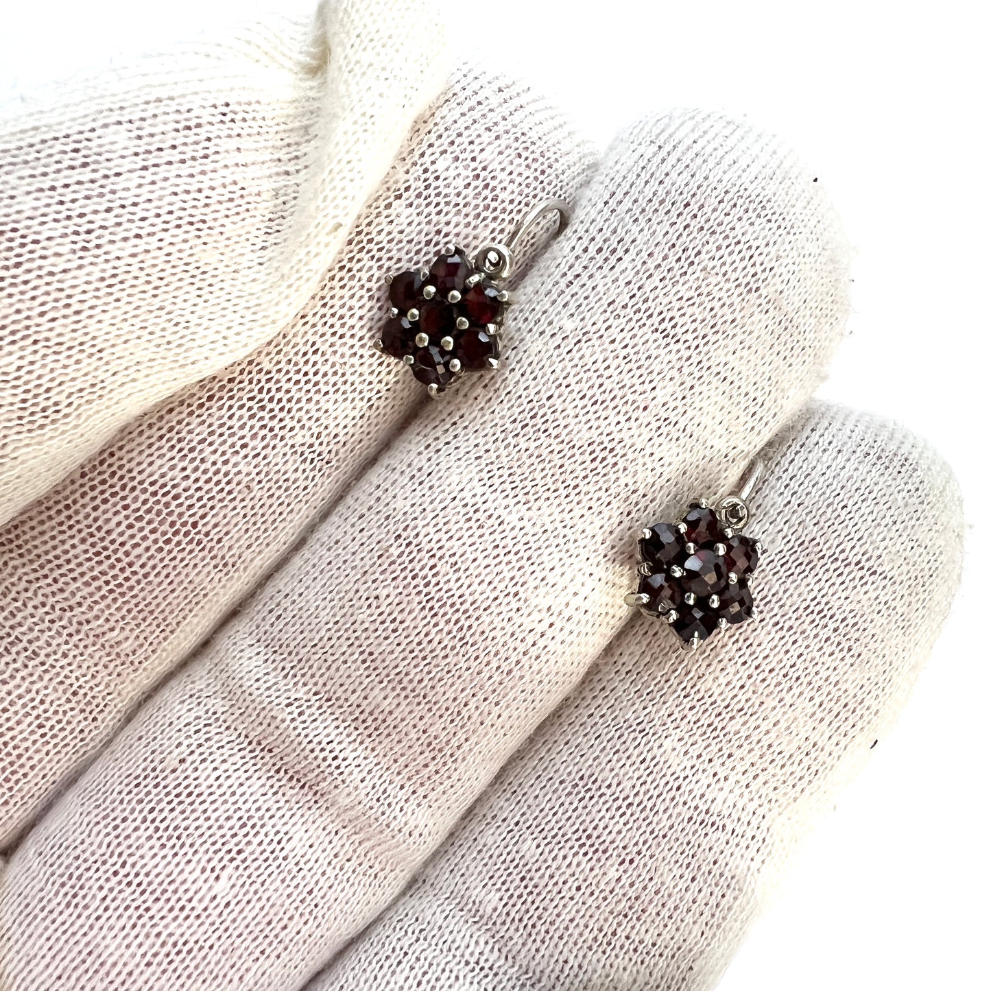 Vintage Mid Century Bohemian Garnet Cluster Sterling Silver Earrings