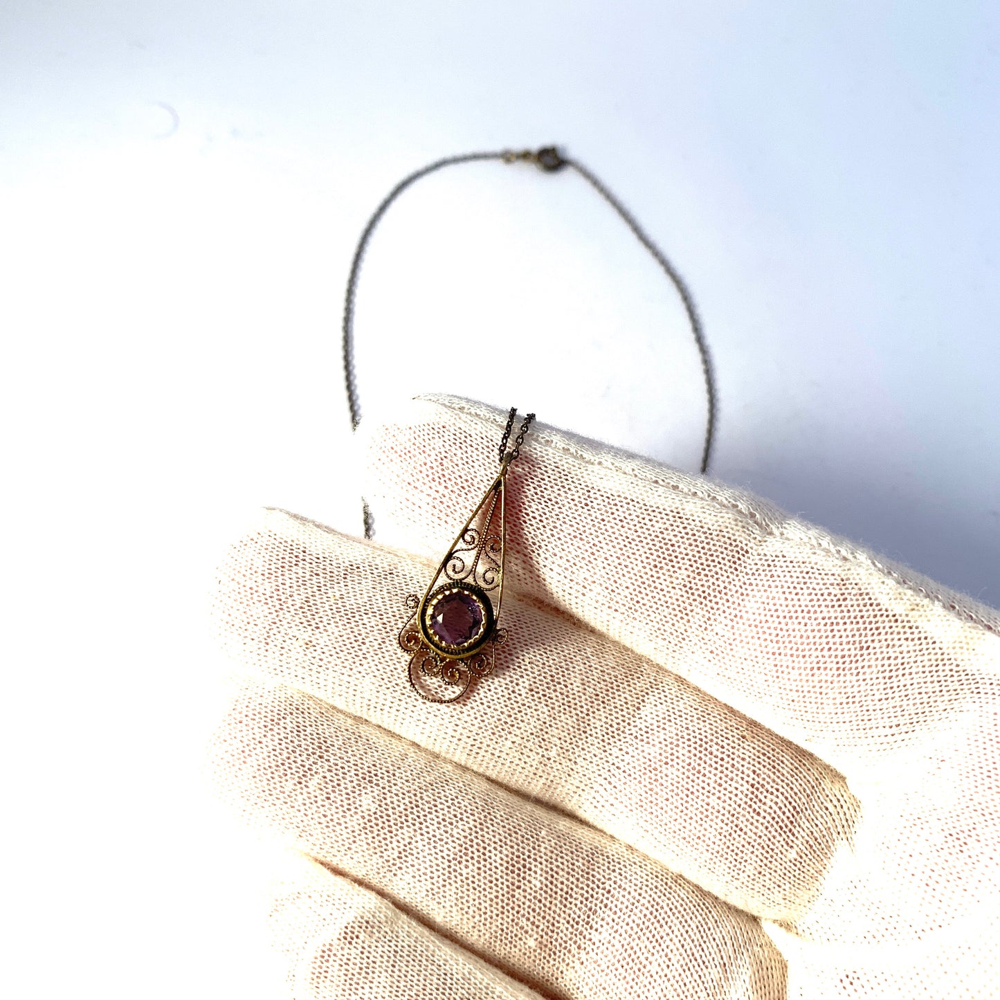 Germany early 1900s Gilt 835 Silver Amethyst Pendant Necklace.