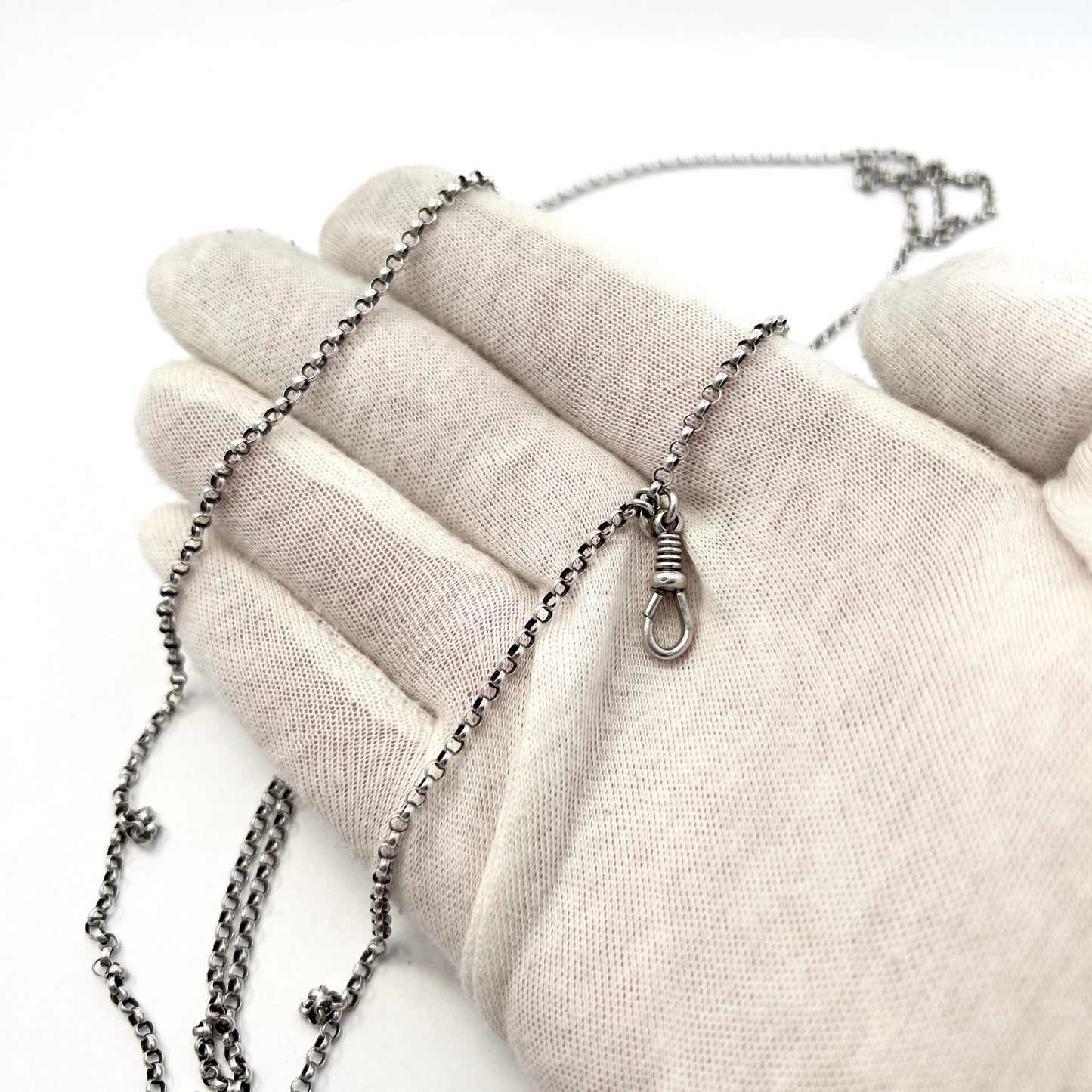 Antique 830 Silver 57" Long Guard Chain Necklace w Dog Clip.